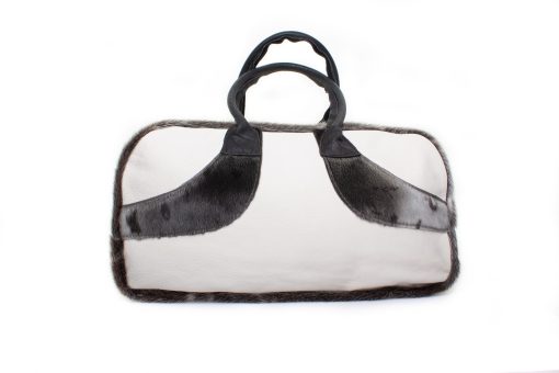 White Bison Hide Travel Bag with Seal Design, Black Bison Handles, Purse Feet, Inside Base - Image 2