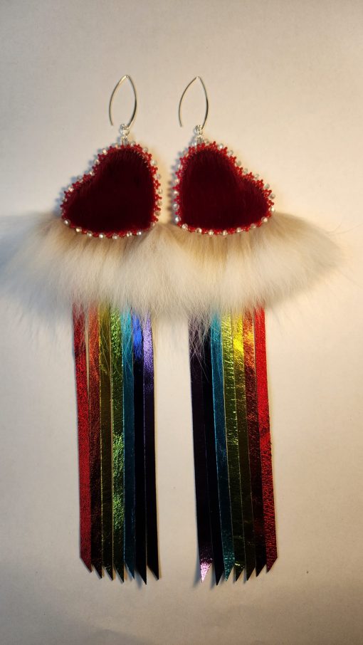 Sealskin Heart Rainbow Fringe Earrings (Red) - Image 2