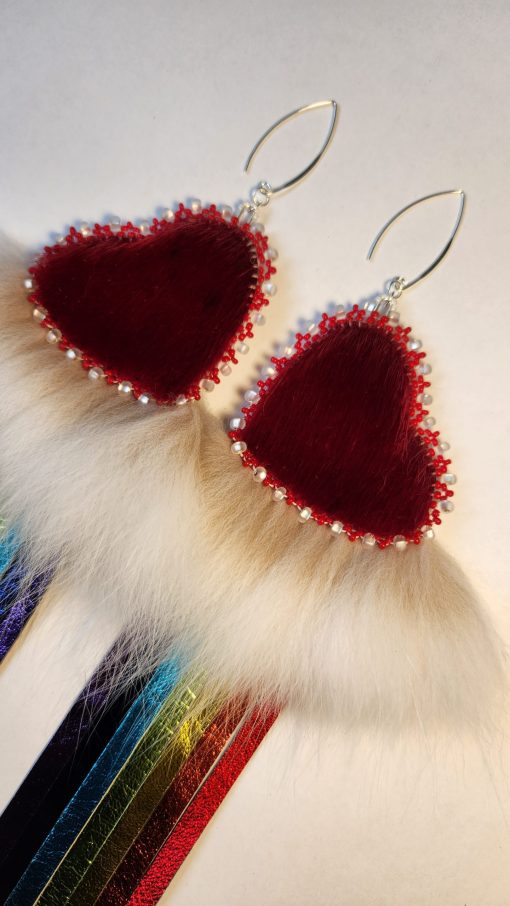Sealskin Heart Rainbow Fringe Earrings (Red) - Image 3
