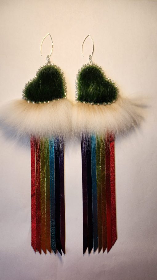 Sealskin Heart Rainbow Fringe Earrings (Green) - Image 2