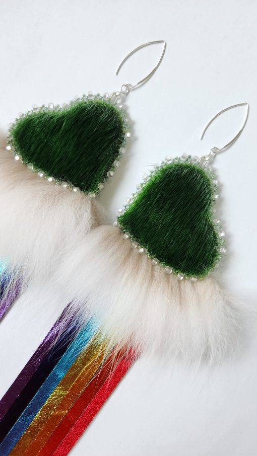 Sealskin Heart Rainbow Fringe Earrings (Green) - Image 4