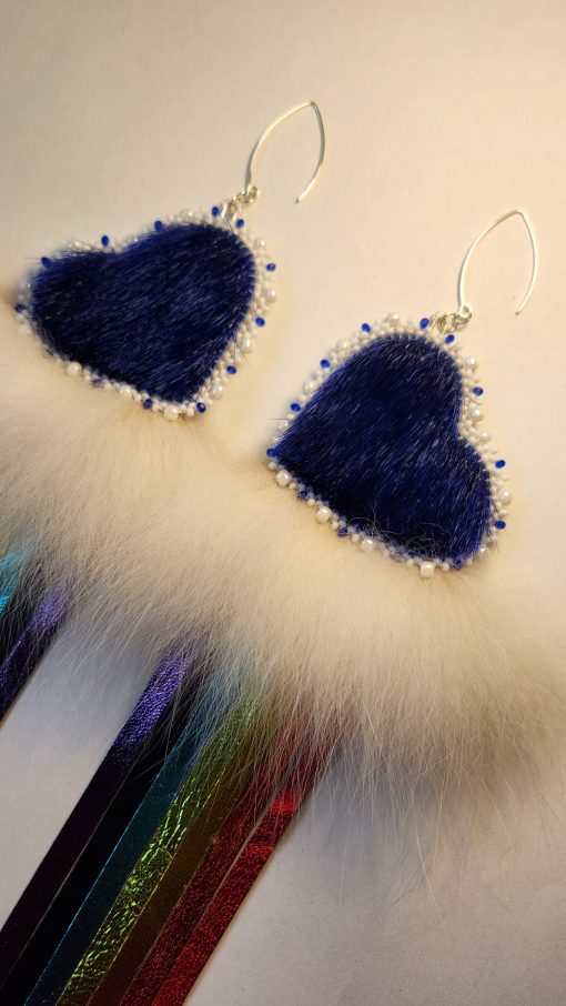 Sealskin Heart Rainbow Fringe Earrings (Blue) - Image 3