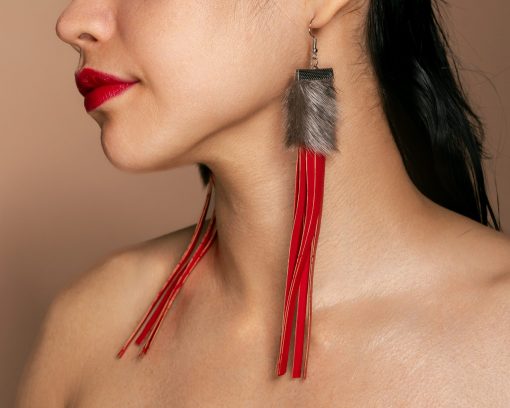 Silver Sealskin Earring with Red Fringes - Image 8
