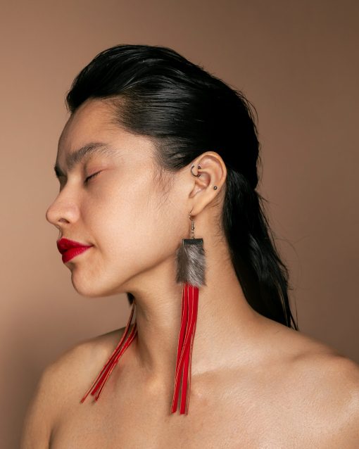 Silver Sealskin Earring with Red Fringes - Image 7
