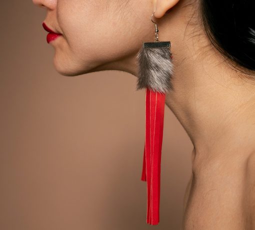 Silver Sealskin Earring with Red Fringes - Image 6