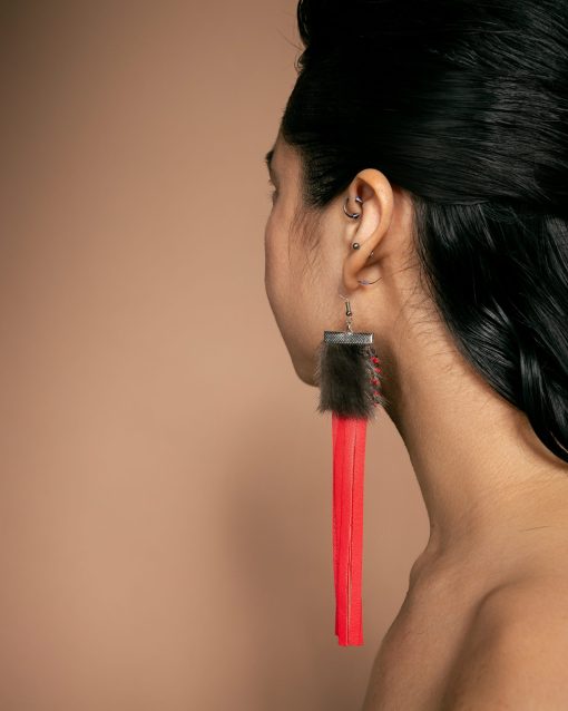 Silver Sealskin Earring with Red Fringes - Image 4