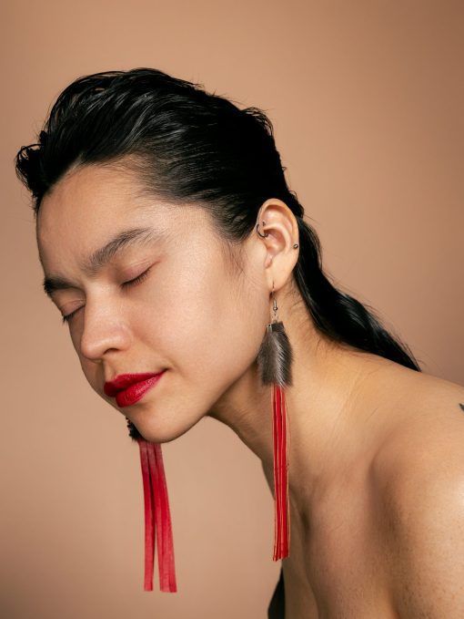 Silver Sealskin Earring with Red Fringes - Image 3