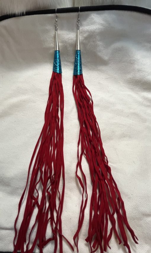 Red Leather Earrings Adorned with Silver and Turquoise Jingle Cones - Image 2