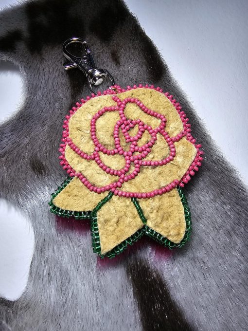 Moosehide Rose Keychain Backed with Pink Sealskin - Image 2