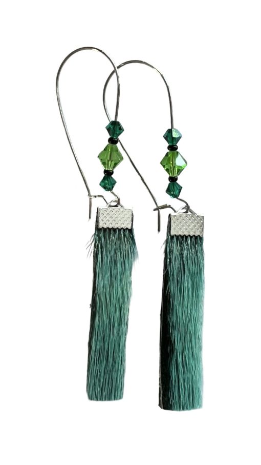 Green Sealskin Earrings Backed with Black Bison Hide (8.2 cm) - Image 2