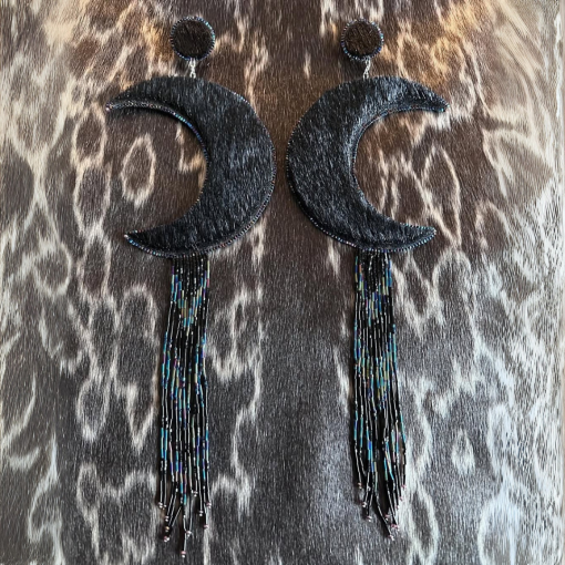 Black Sealskin Moons Earrings with Birch Bark Backing