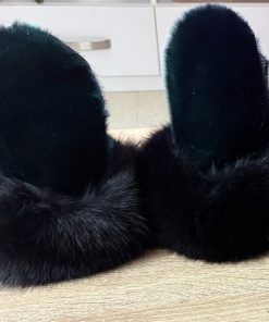 Green Sealskin and Black Fox Fur Trim Mittens