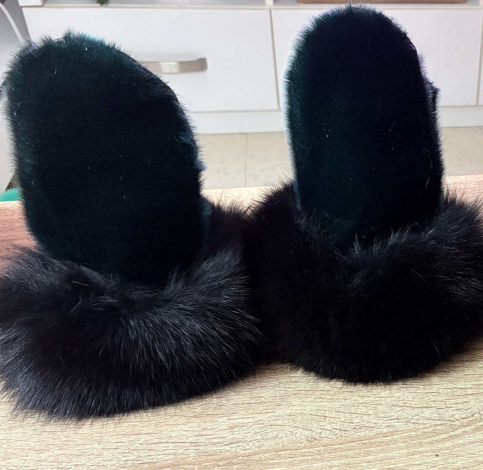 Green Sealskin and Black Fox Fur Trim Mittens