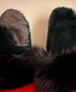 Green Sealskin and Black Fox Fur Trim Mittens