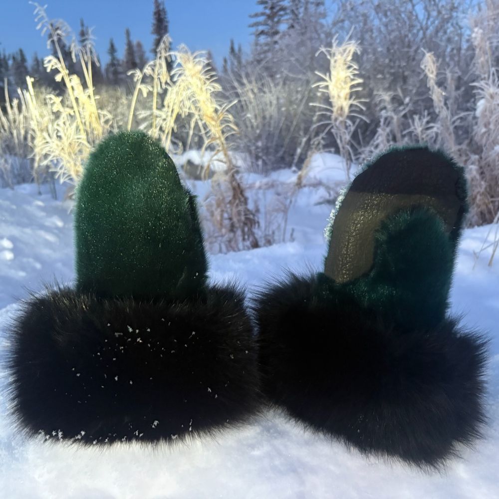 Green Sealskin and Black Fox Fur Trim Mittens